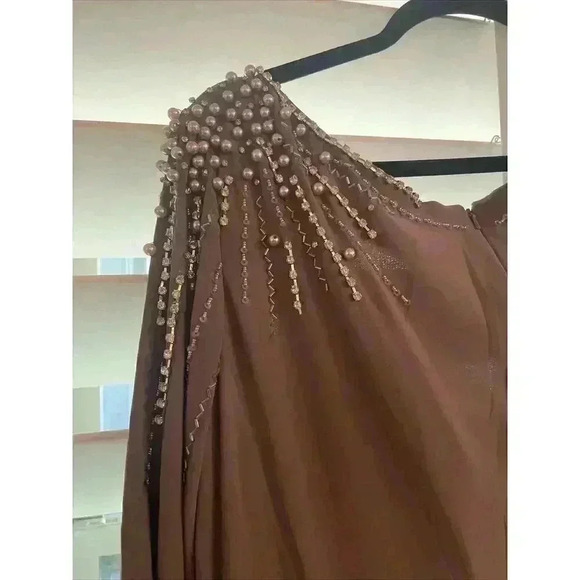 MAC DUGGAL GOWN 18 MAXI DRESS 55715 MOCHA FAUX WRAP JERSEY EMBELLISHED CRYSTALS - Picture 12 of 13